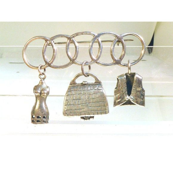Sterling Silver Seamstress Sewing Charm Brooch Nuvo Charms Purse Dress Form Vest - Picture 1 of 11